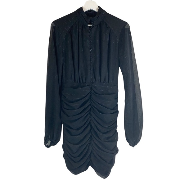 NWOT House of Harlow 1960 Black Ruched Button Up Sheer Mini Dress - Picture 2 of 5